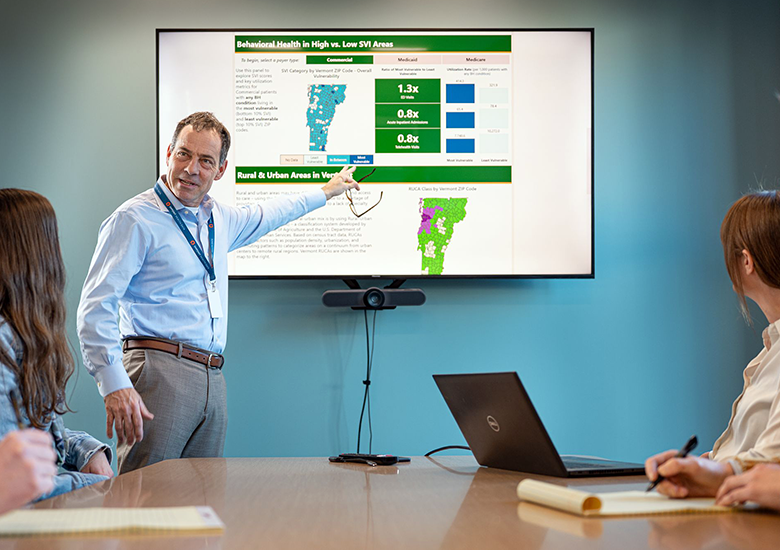 Photograph of a business meeting with a presenter pointing to a large screen displaying data visualizations about behavioral health in high versus low social vulnerability areas. Screen shows maps of Vermont with color-coded regions, numerical ratios, and bar charts highlighting differences in behavioral health metrics between rural and urban areas.