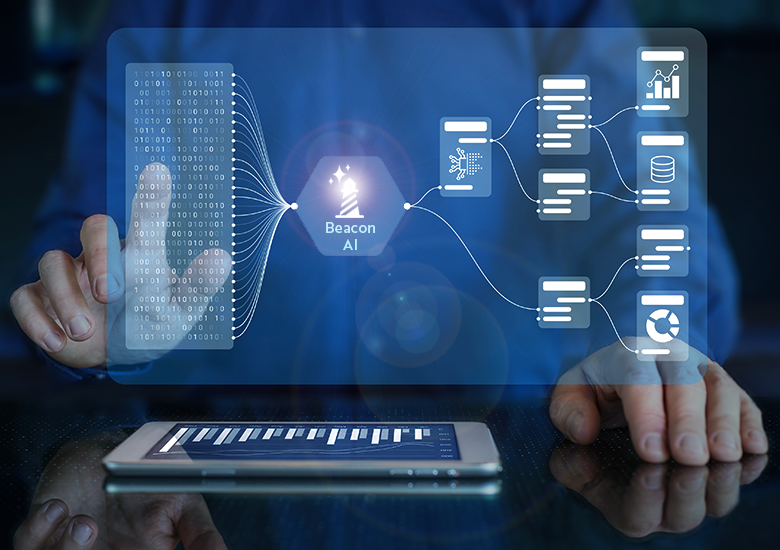 Photo illustration showing a data processing workflow with binary code input on the left feeding into Onpoint's Beacon AI logo (a lighthouse icon with AI stars in the upper left "sky"), which then branches into multiple data structures and analytics icons on the right. The diagram uses blue tones and white lines to represent data flow, highlighting stages of data transformation, storage, artificial intelligence, analysis, and visualization.