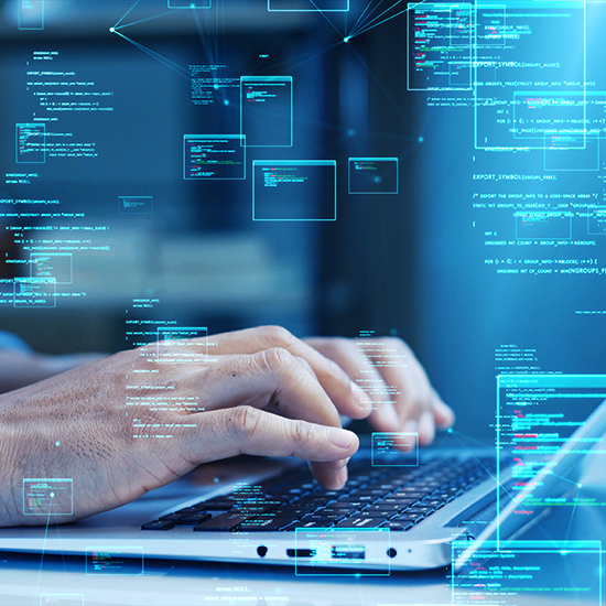 Photo-illustration showing hands typing on a laptop keyboard with overlaid translucent blue code snippets and data boxes, representing software development and programming. Visual elements include multiple floating code windows with lines of code and digital connections, emphasizing coding activity and technology integration.