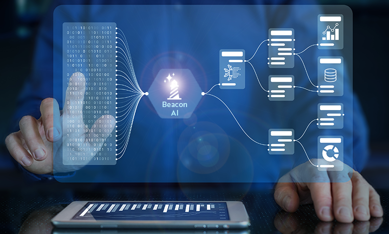 Photo illustration showing a data processing workflow with binary code input on the left feeding into Onpoint's Beacon AI logo (a lighthouse icon with AI stars in the upper left "sky"), which then branches into multiple data structures and analytics icons on the right. The diagram uses blue tones and white lines to represent data flow, highlighting stages of data transformation, storage, artificial intelligence, analysis, and visualization.