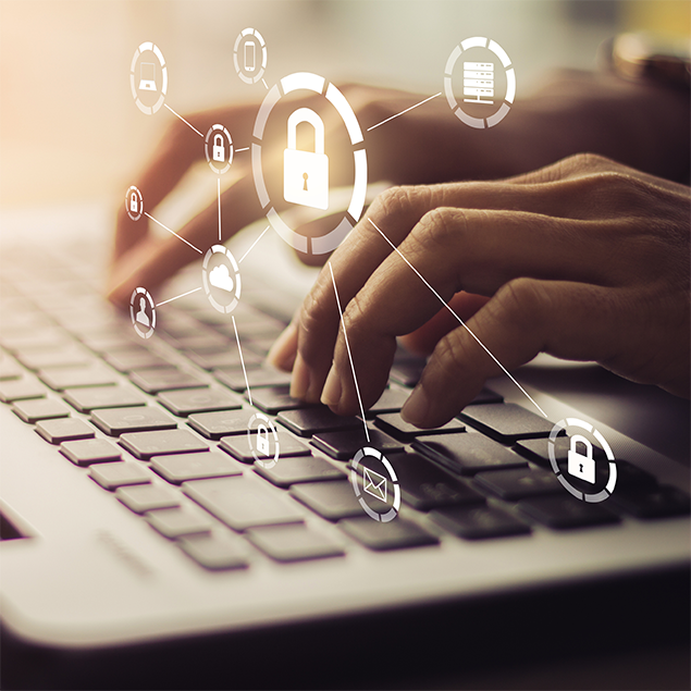Photo-illustration showing hands typing on a laptop keyboard with overlaid digital security icons connected by lines, including padlocks, a cloud, an envelope, and a server. The composition highlights cybersecurity concepts, emphasizing data protection, role-based access, and secure communication through glowing white icons against a blurred background.